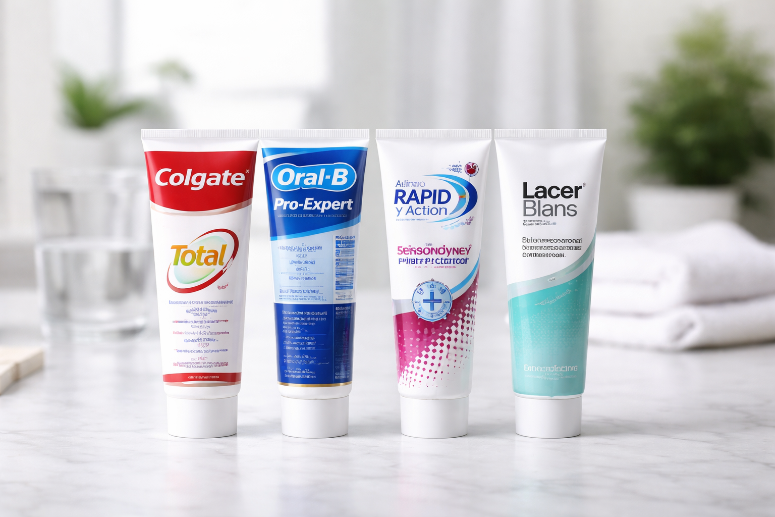 Toothpaste selection on white marble countertop Mejores pastas de dientes