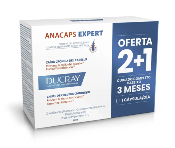 Ducray Anacaps Expert 3 Meses 2+1: complemento alimenticio para caída crónica del cabello - Imagen 2